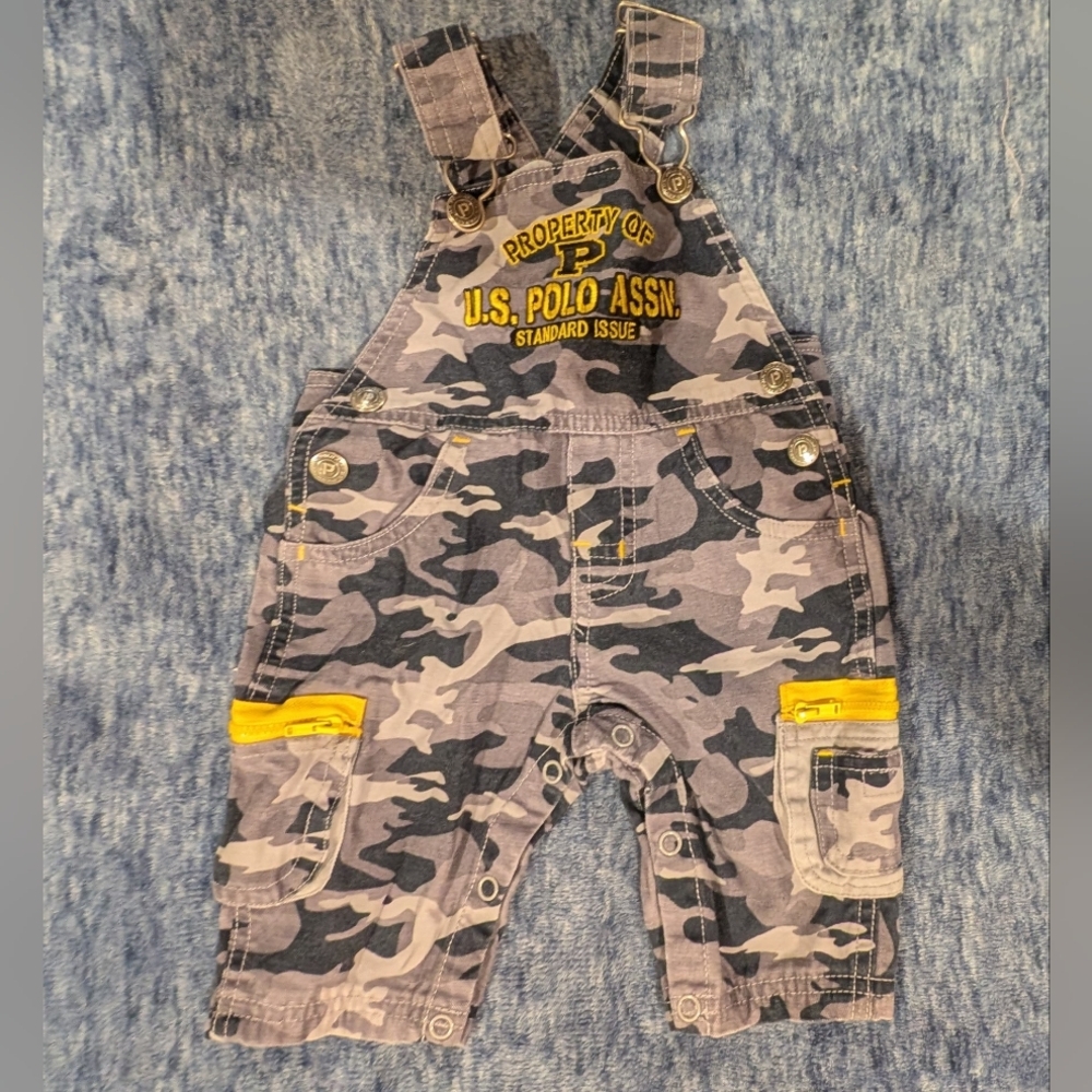 U.S. Polo Assn. 3-6M Kids Camouflage Overalls with Yellow Accents